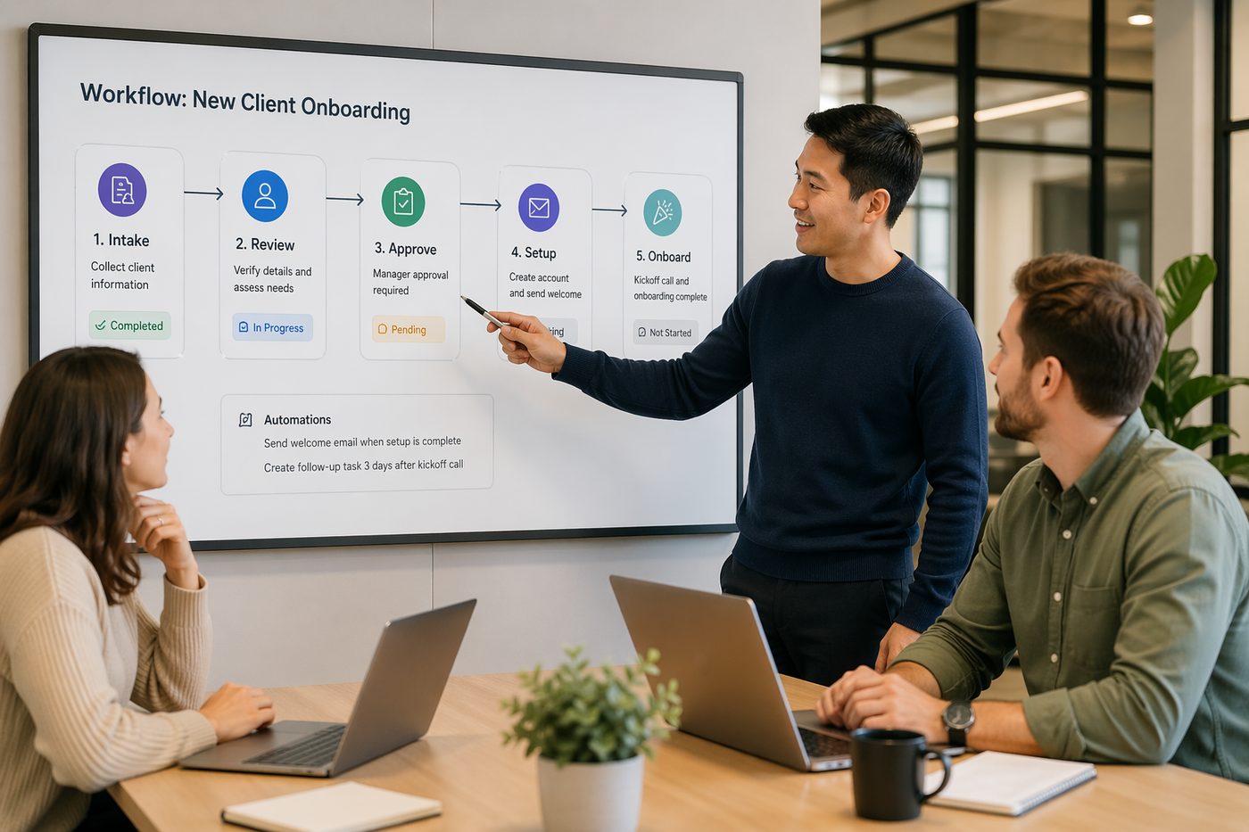 A team reviewing a new client onboarding workflow on a wall screen